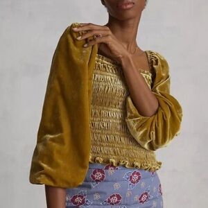 Anthropologie Velvet Smocked Blouse in Mustard